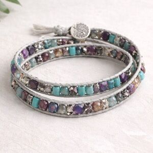 Boho Wrap Bracelet Turquoise Purple Beaded Leather Adjustable Layered